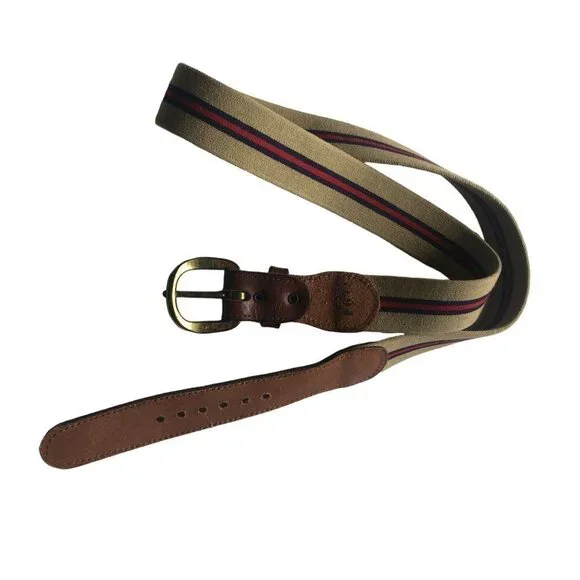 VINTAGE Preppy Belt Web Stripes Brass Leather Beige Blue Red 33 34 35 inch Mediu - Picture 6 of 7